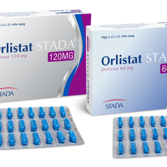 Orlistat 120mg capsules for weight loss, fat-blocking medication in blister pack