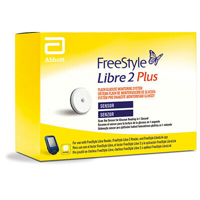 FreeStyle Libre 2 Plus Sensor on the upper arm, showing the compact, discreet design for real-time glucose monitoring and diabetes management.