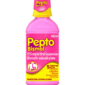 Pepto-Bismol 480ml pink oral suspension bottle with dosing cup, ideal for relieving heartburn, indigestion, nausea, and diarrhea.