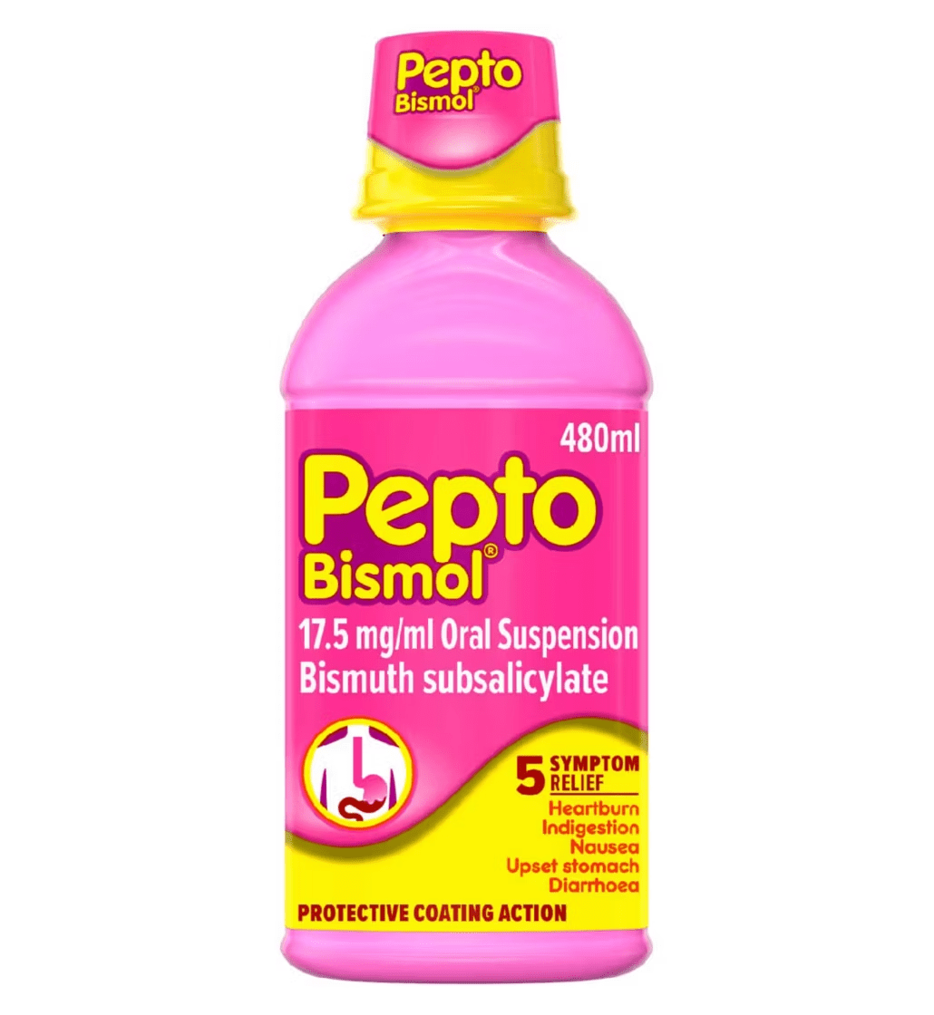 Pepto-Bismol 480ml pink oral suspension bottle with dosing cup, ideal for relieving heartburn, indigestion, nausea, and diarrhea.